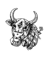 Mechanical cow. Hand drawn vector illustration steampunk style.