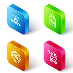 Set Isometric line Shopping basket on laptop, Shoping bag with percent discount, Discount tag and cart check mark icon. Vector