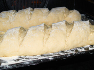 Before baking, the dough lies on a baking sheet sprinkled with flour in the oven.