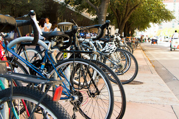 Fototapeta na wymiar Parked bicycles during South by Southwest in Austin, Texas