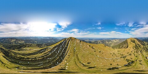 360 Panorama view from Hochgrat mountain nearby Oberstaufen on Gelchenwanger Kopf, Rindalphorn (Bavaria, Bayern, Germany) on alps mountains in Tyrol, Austria. Peaple walking, good hiking way