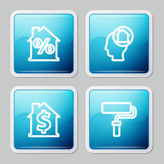 Set line House with percant discount, Man dreaming about buying house, dollar symbol and Paint roller brush icon. Vector