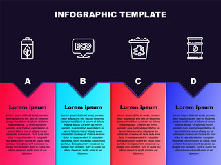 Set line Eco nature leaf and battery, Label for eco healthy food, Recycle bin with recycle and Bio fuel barrel. Business infographic template. Vector