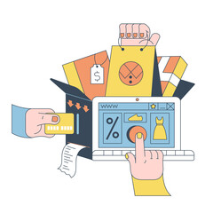 E-commerce. Online shopping, sales. Shopping bags, credit card, laptop. Modern flat style illustration for banners, websites, apps