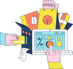 E-commerce. Online shopping, sales. Shopping bags, credit card, laptop. Modern flat style vector illustration for banners, websites, apps