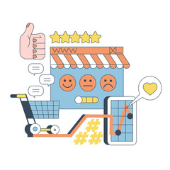 E-commerce. Online shopping, sales. Elements set Cart, smartphone device, like sign. Modern flat style vector illustration for banners, websites, apps