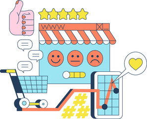 E-commerce. Online shopping, sales. Elements set Cart, smartphone device, like sign. Modern flat style  illustration for banners, websites, apps