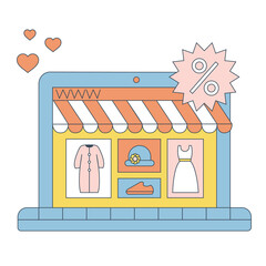 Set of E-commerce elements. Online shopping, sales. Clothesing, shoe, dress in laptop. Modern flat style illustration for banners, websites, apps