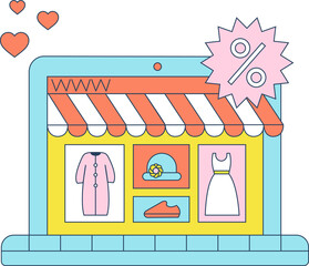 Set of E-commerce elements. Online shopping, sales. Clothesing, shoe, dress in laptop. Modern flat style vector illustration for banners, websites, apps