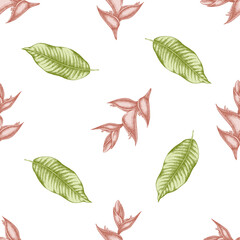 Seamless pattern with hand drawn pastel heliconia