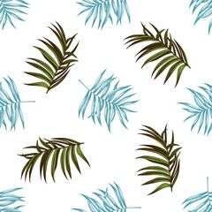 Seamless pattern with hand drawn pastel tropical palm leaves