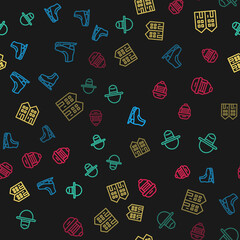 Set line Skates, Canadian ranger hat, House and Hockey helmet on seamless pattern. Vector