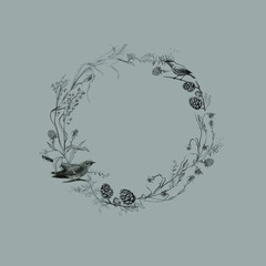 Illustration, pencil. Frame from leaves and branches of plants, birds. Freehand drawing of flowers on a gray background.