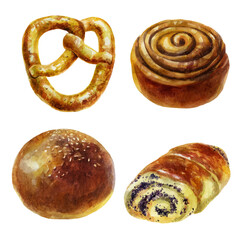 Watercolor illustration, bun set. Rich pastries. Sesame seed bun. Poppy seed bun. Cinnamon bun. Sesame pretzel.