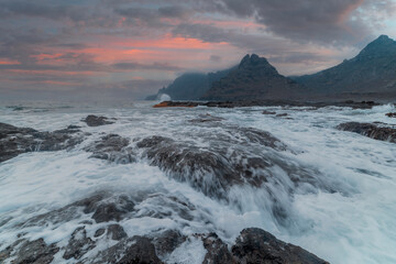 seascape at sunrise with the Anaga Mountains in the background. Punta del Hidalgo. La Laguna. Tenerife. Canary Islands