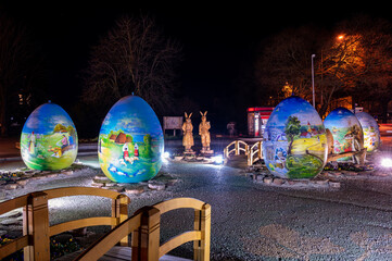 Exhibition of the Easter eggs painted in naive art by Podravina naive artists. Eggs are exhibithed on the main square of city Koprivnica, Croatia. Exhibition name is 