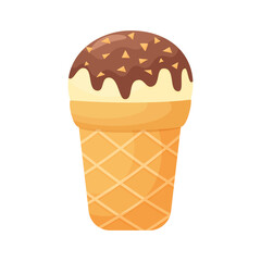 Ice cream in a waffle cup in cartoon style. Chocolate glaze. Illustration isolated on white background.
