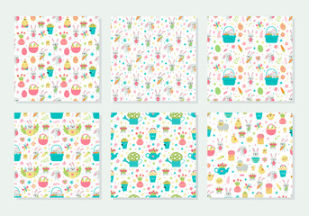 Fototapeta na wymiar Set of vector seamless pattern for Easter with rabbits and eggs and spring designs.