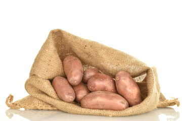 Several unpeeled raw potatoes with a jute bag, close-up, isolated on white.