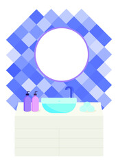 bathroom interior with round mirror purple tiles and blue sink with towels.
