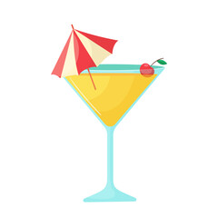 Summer bright yellow cocktail in cartoon style. Vector illustration of an alcoholic drink with cherries and an umbrella. Illustration isolated on white background. Juice in a glass
