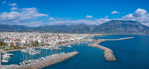 Idyllic landscape above Kalamata's Marina at sunset. Aerial photo of Kalamata city, Messenia, Peloponnese, Greece