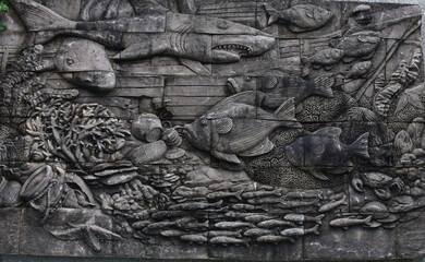 Closeup of Thai Stucco Art on the walls for decoration in Thailand.