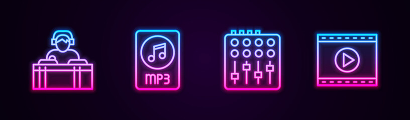 Set line DJ playing music, MP3 file document, Sound mixer controller and Online video. Glowing neon icon. Vector