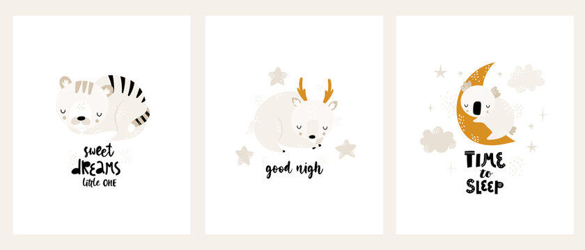 Child vector set with cute greeting card design with sleeping animals, clouds, moon, stars and hand drawn text. Creative kids prints for fabric, textile, wallpaper, apparel. Kid print with lettering.