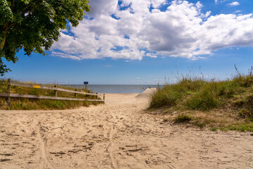Beautiful white sand beach with clouds in south part of Sweden.