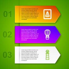 Set line Startup project concept, Hot air balloon and Lighthouse. Business infographic template. Vector