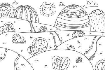 Doodle cute cartoon meadowland, hills, mountains, clouds, sun and road. Kids funny coloring page of landscape isolated on white background. Vector stock illustration. Line design.