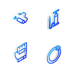 Set Isometric line Bicycle air pump, , Gloves and brake disc icon. Vector