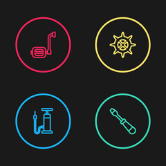 Set line Bicycle air pump, Screwdriver, sprocket crank and pedal icon. Vector