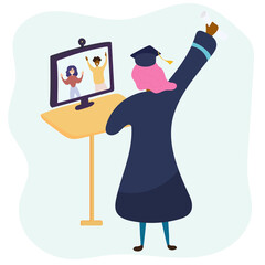 Graduation online, graduate celebrating graduation. Vector illustration.