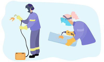 Fototapeta premium Woman and man welders. Welder and welding service concept. Vector illustration.