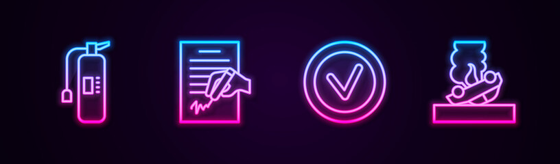 Set line Fire extinguisher, Petition, Check mark round and Burning car. Glowing neon icon. Vector