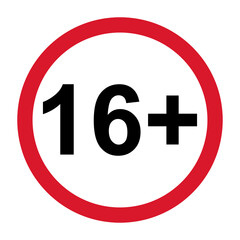 16+ restriction flat sign isolated on white background. Age limit symbol. No under sixteen years warning illustration