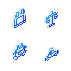 Set Isometric line Scales of justice, Bulletproof vest, Gas mask and Police car and flasher icon. Vector