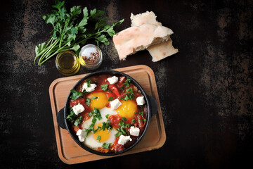 Shakshuka in a frying pan. Israeli national dish. Middle Eastern cuisine.
