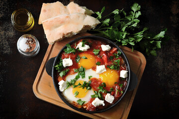 Shakshuka in a frying pan. Israeli national dish. Middle Eastern cuisine.