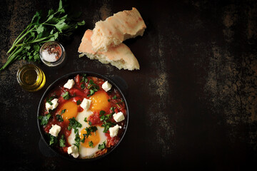 Shakshuka in a frying pan. Israeli national dish. Middle Eastern cuisine.