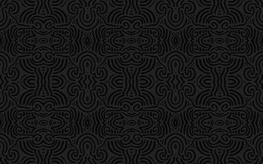Geometric 3D convex volumetric abstraction. Ethnic black background in the style of handmade peoples of Africa, Mexico for presentations, wallpaper. Relief texture.