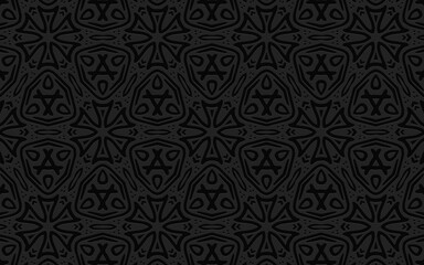 Geometric 3D convex volumetric abstraction. Black background in the style of hand made from simple patterns for presentations, wallpaper. Ethnic relief texture of the peoples of Mexico, Africa, Aztec.