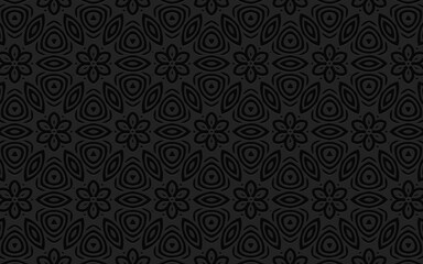 Fototapeta premium Geometric 3D convex volumetric abstraction. Ethnic graceful black background of flowers and polygons. Embossed texture.