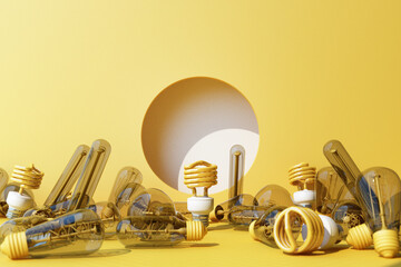 Yellow light fluorescent bulb LED on yellow wall background surrounded by incandescent lamp - 3D Rendering