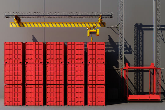 Shipping containers hanging from a crane. 3d global business commerce concept. 3D Rendering
