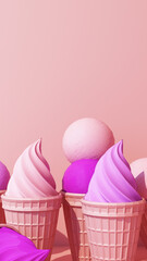 purple Milk ice cream with sweet wafer cone on pink color background minimal concept 3d rendering