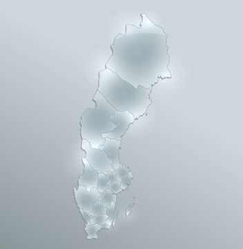 Sweden map and flag, administrative division, separates regions and names individual region, design glass card 3D blank