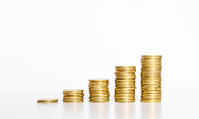 golden coin stack growth up isolated on white background with clipping path. money saving, financial grow, business startup, economy budget and investment concept.